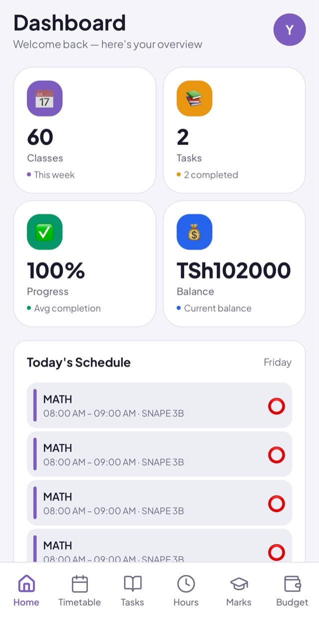 ScholarPulse dashboard showing this week's classes, tasks, progress and balance