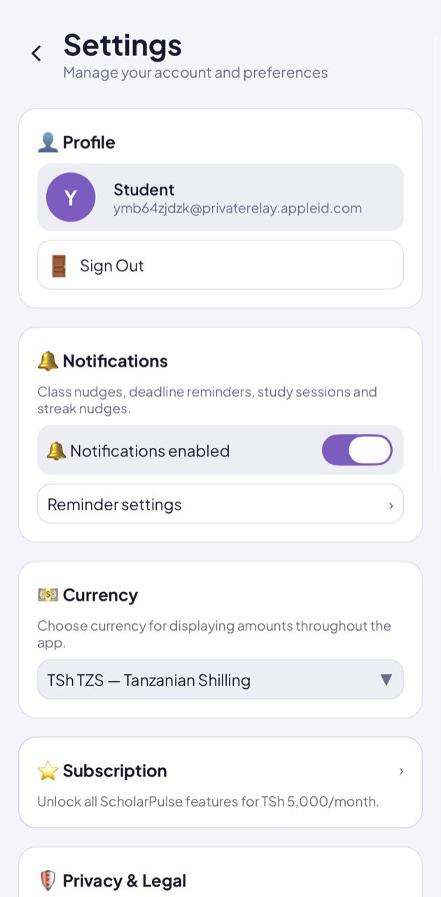 Settings screen with Subscription option