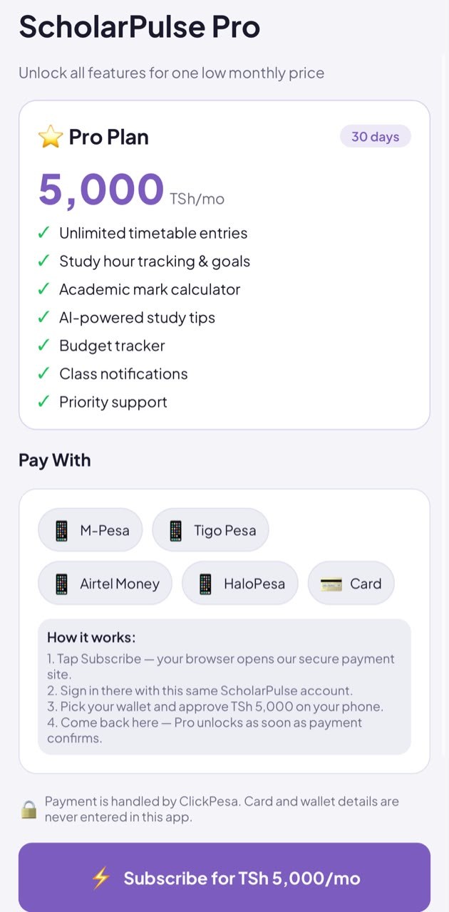 Subscription screen with mobile money options